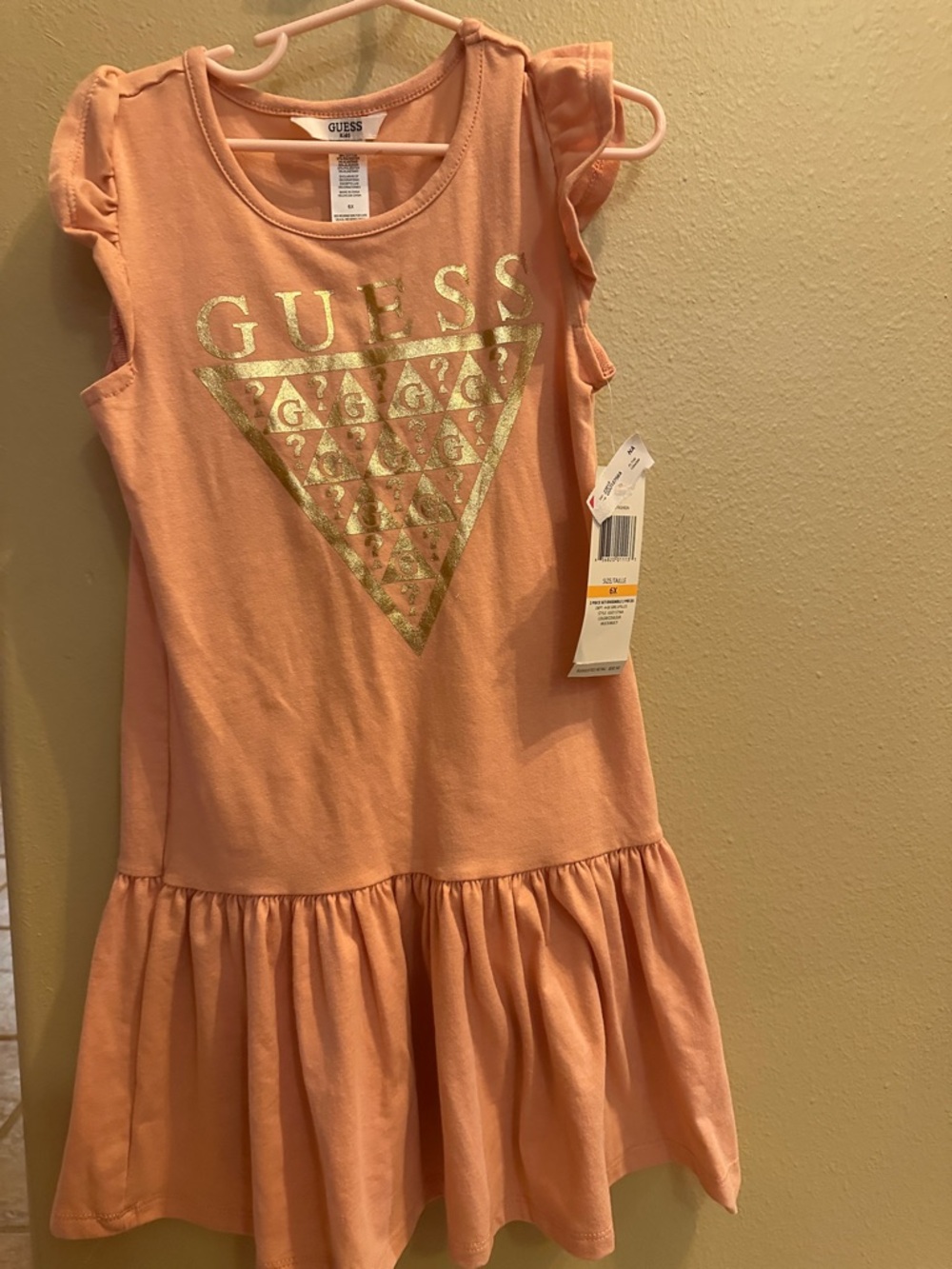 Guess Girls 6x. New. Peach Dress with Gold Logo & Ruffle Hem